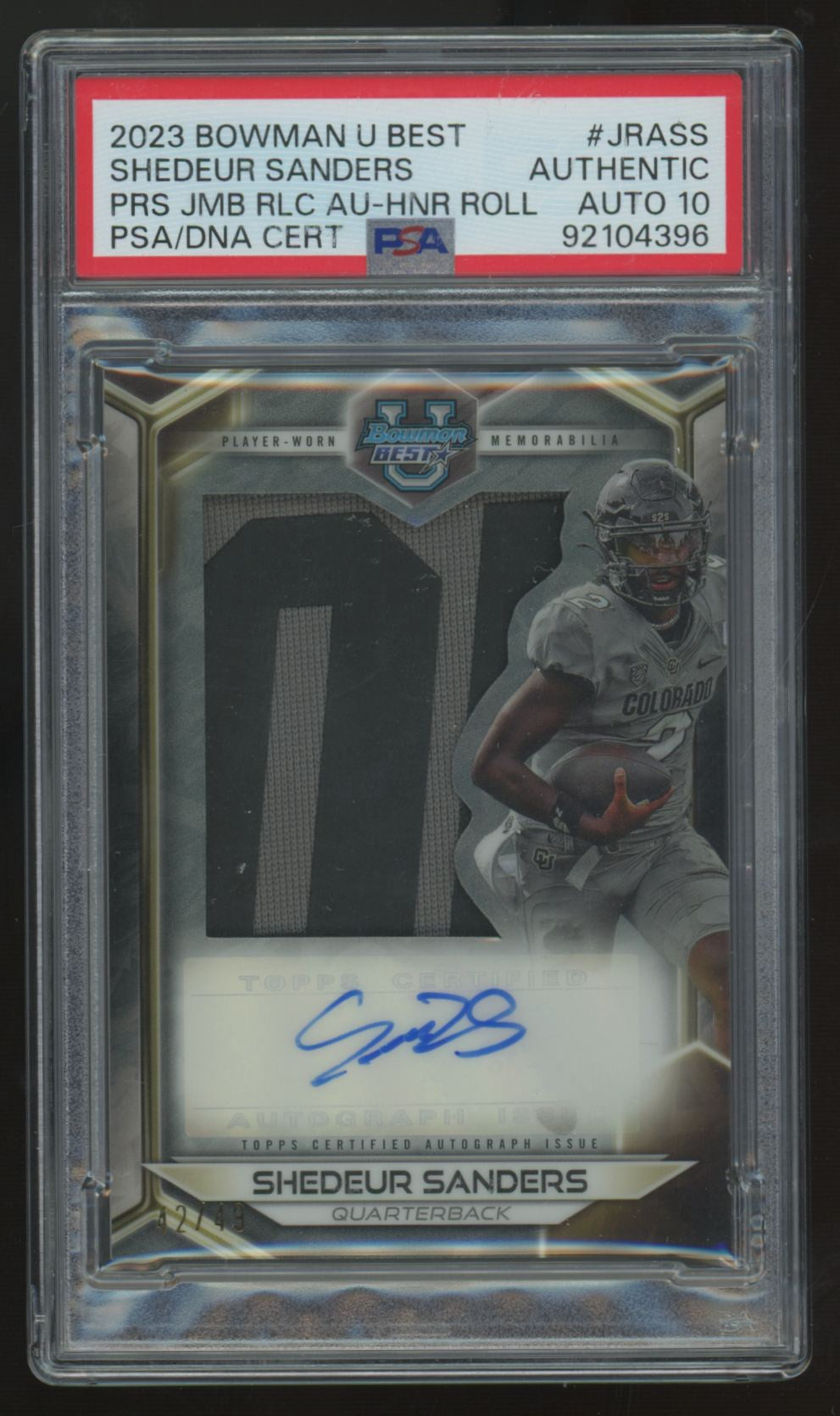 2023 Bowman Best U Shedeur Sanders Jumbo Honor Roll Patch Auto /49 PSA Auto 10