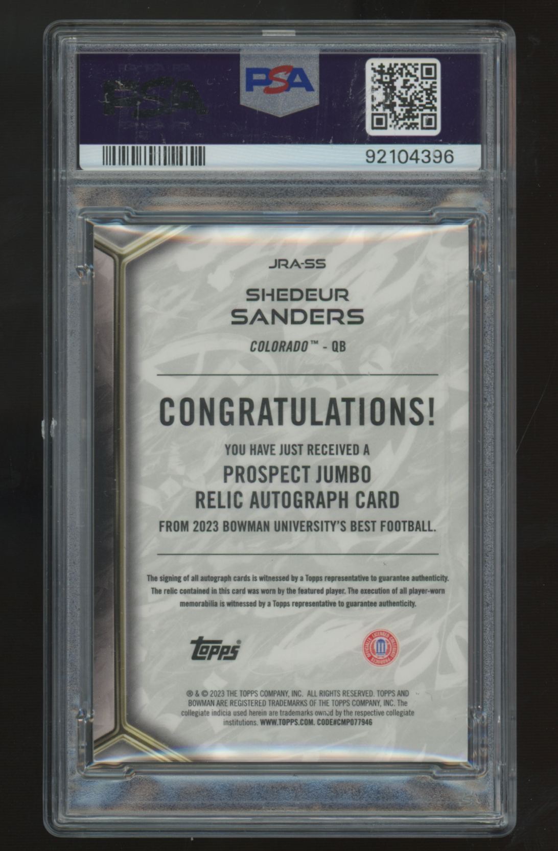 2023 Bowman Best U Shedeur Sanders Jumbo Honor Roll Patch Auto /49 PSA Auto 10