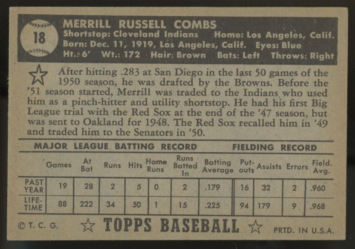 1952 Topps Merrill Combs #18 EX/MT