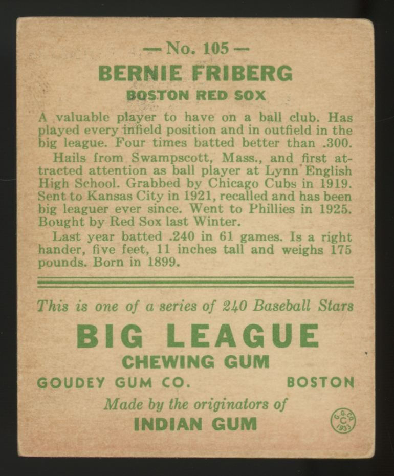 1933 Goudey Bernie Friberg #105 VG/EX