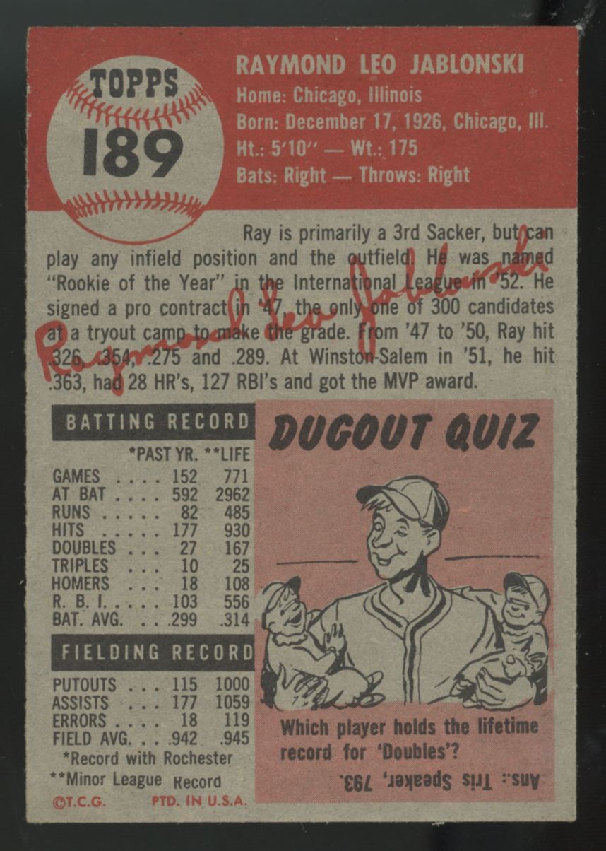 1953 Topps Ray Jablonski #189 EX/MT