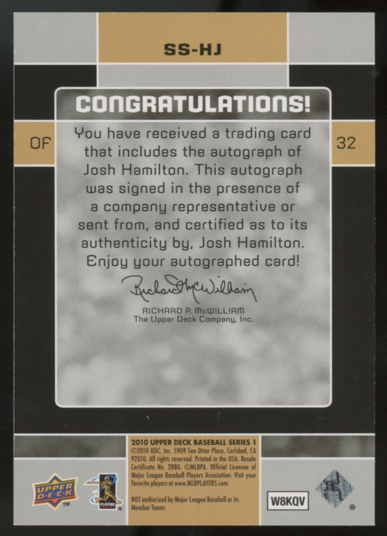 2010 Upper Deck Series 1 Josh Hamilton Signature Sensations Auto #SS-HJ