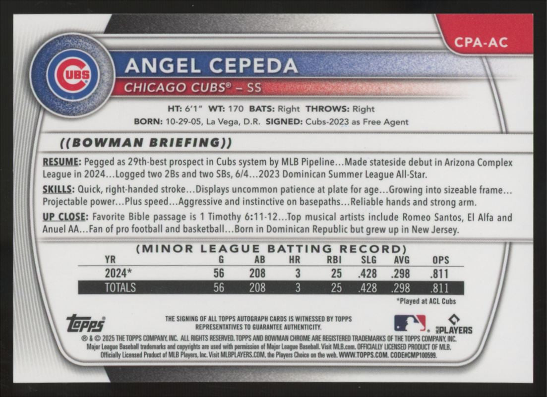 2025 Bowman Chrome Angel Cepeda Yellow Prospect Auto /75 #CPA-AC