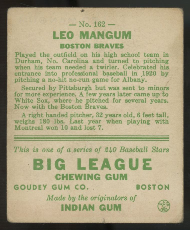 1933 Goudey Leo Mangum #162 Good "A"