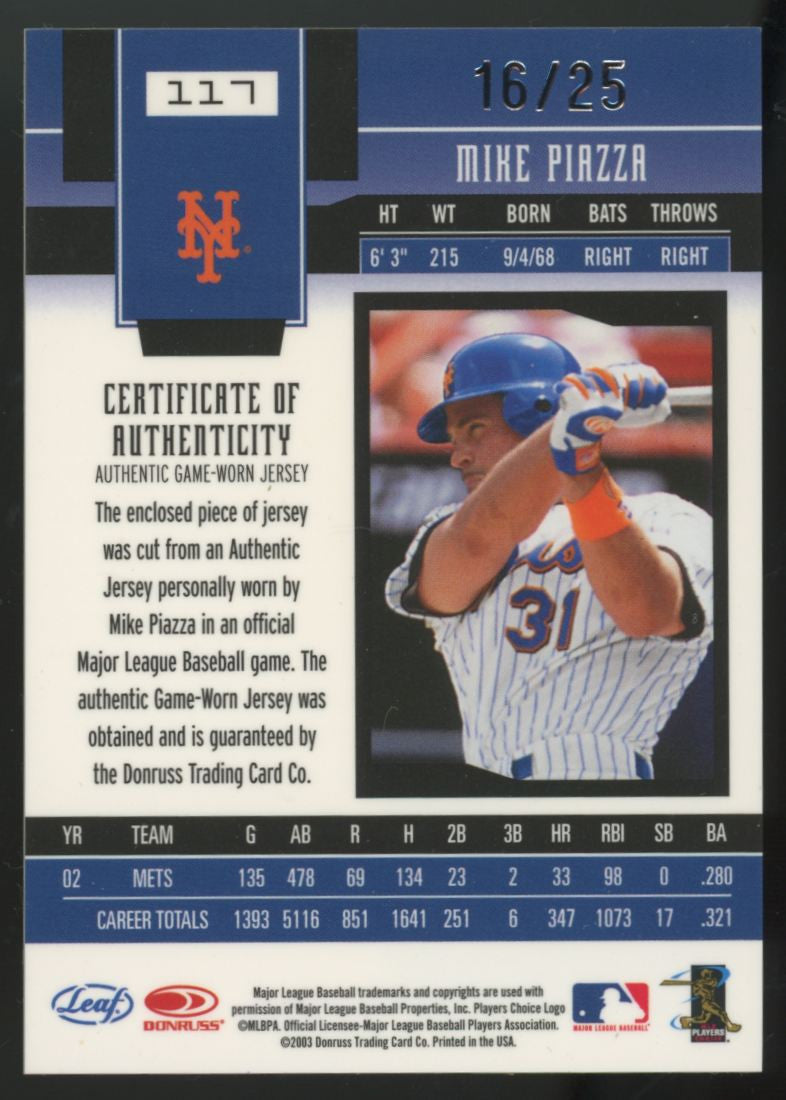 2003 Leaf Certified Mike Piazza Mirror Gold Patch /25 #117