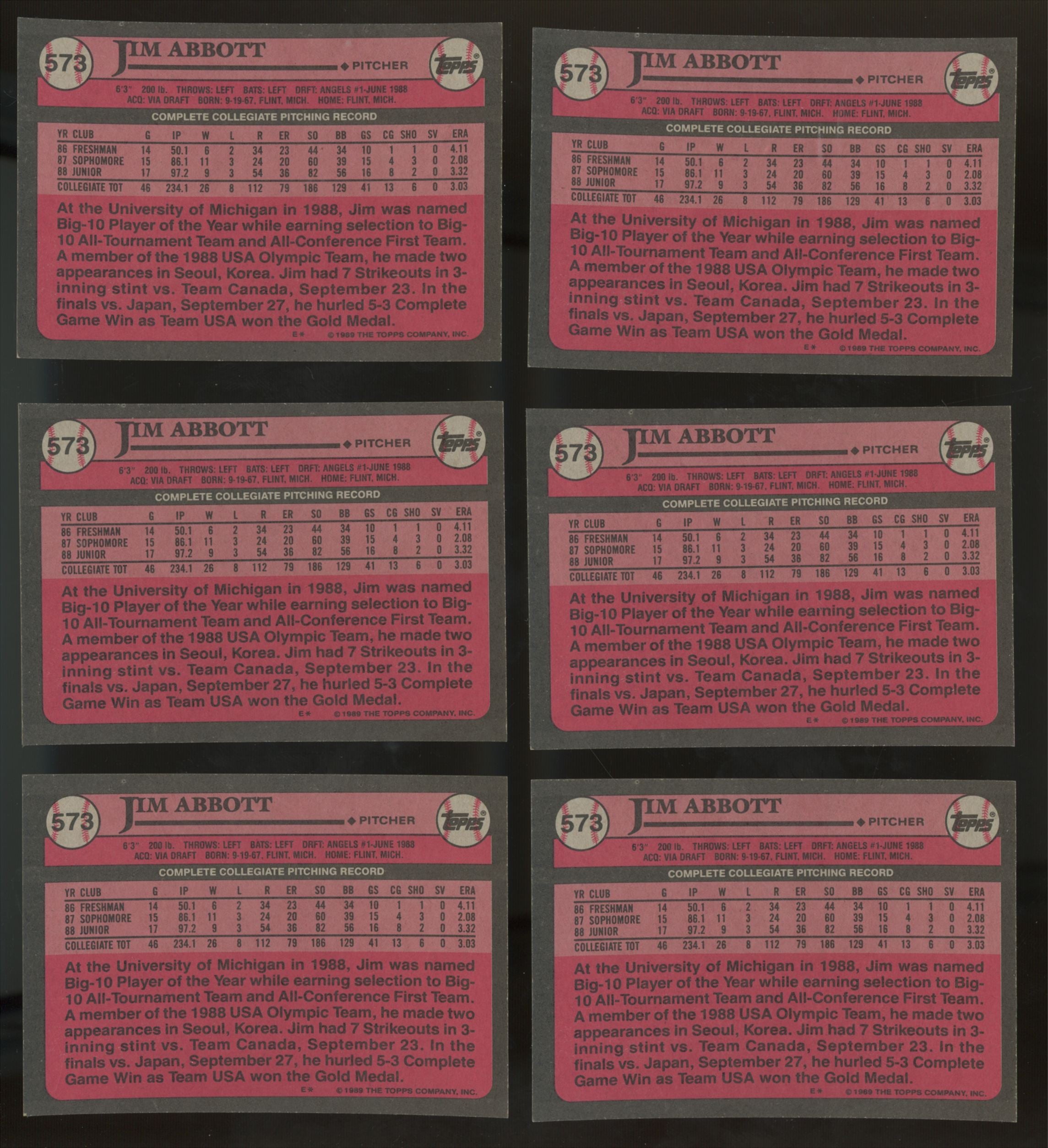 1989 Topps Jim Abbott RC #1 Draft Pick #573 (Lot Of 50) "A"