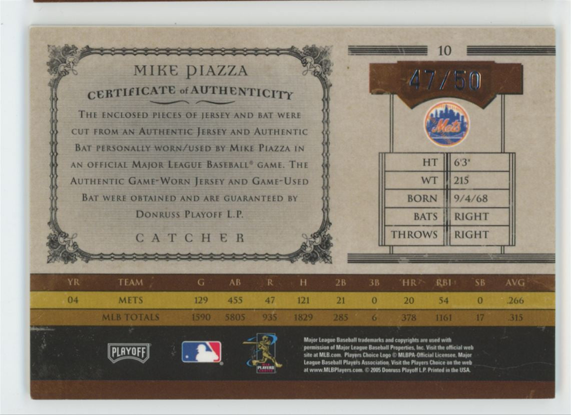 2005 Playoff Prime Cuts Mike Piazza Combo Dual Patch /50 #10