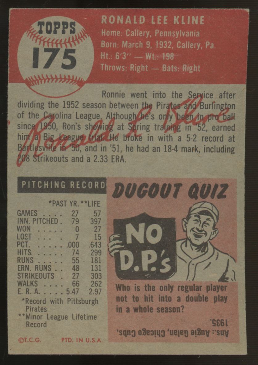 1953 Topps Ron Kline #175 EX "A"