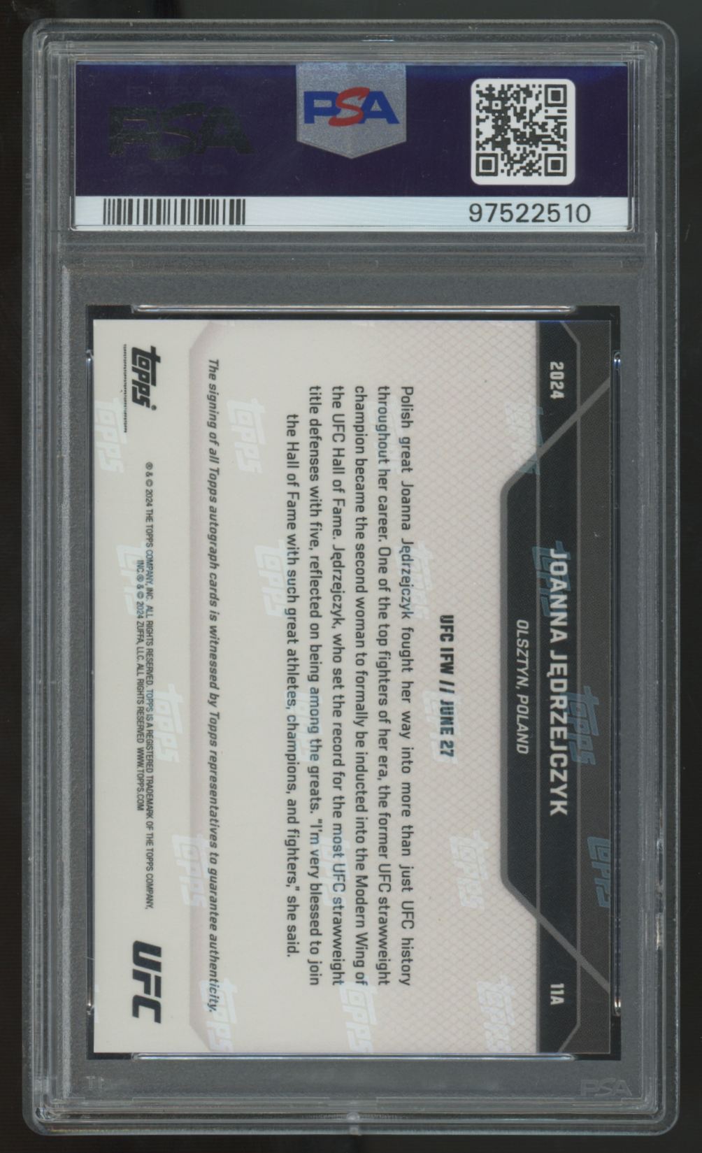 2024 Topps Now UFC Joanna Jedrzejczyk Hall Of Fame Blue Auto /49 #11A PSA 10