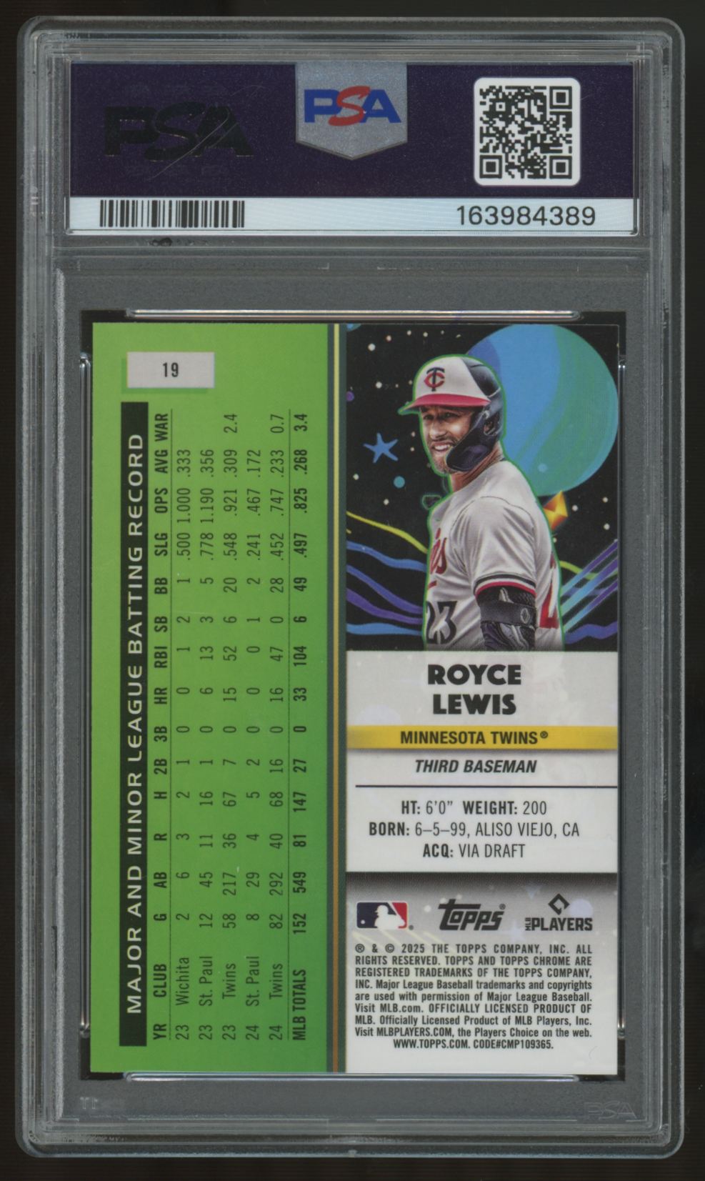 2025 Topps Chrome Cosmic Royce Lewis Green Space Dust /75 #19 PSA 9