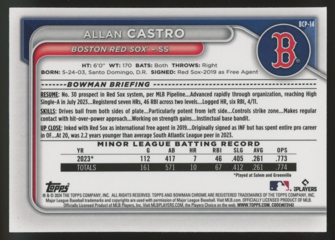 2024 Bowman Chrome Allan Castro 1st Gold /50 #BCP-14