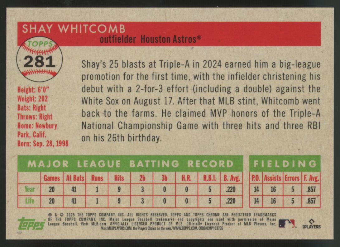 2025 Topps Chrome Platinum Anniversary Shay Whitcomb RC Cream/Red Refractor /5