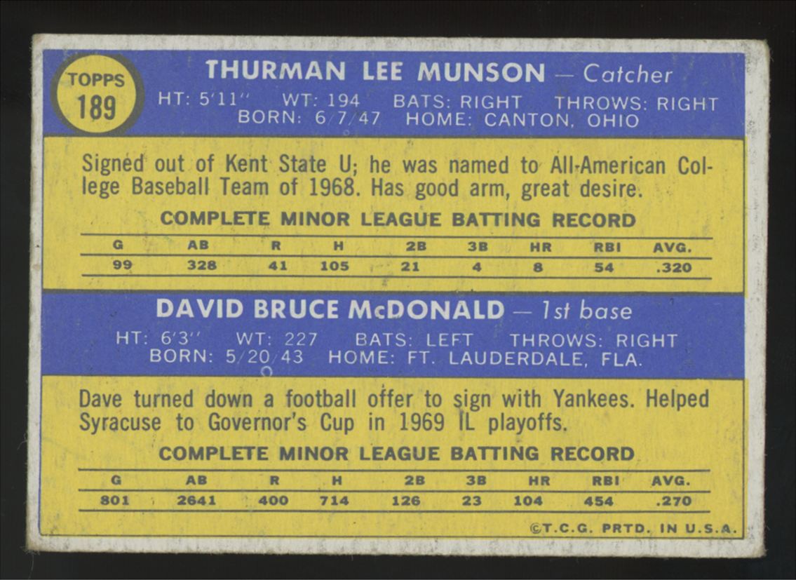 1970 Topps Thurman Munson RC #189 G/VG