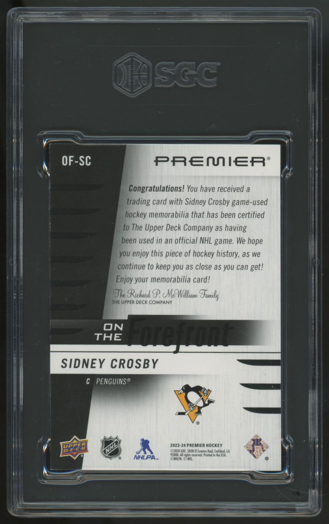 2023-24 UD Premier Sidney Crosby On The Forefront Patch /199 #OF-SC SGC 8.5