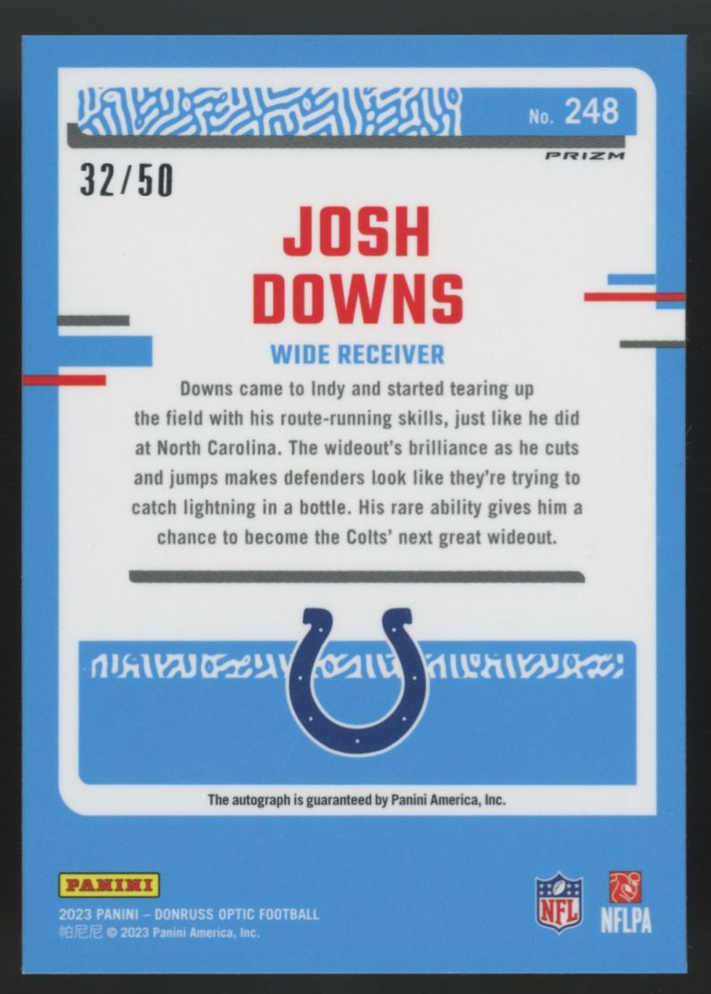 2023 Panini Donruss Optic Josh Downs Rated Rookie Purple Stars Prizm Auto /50