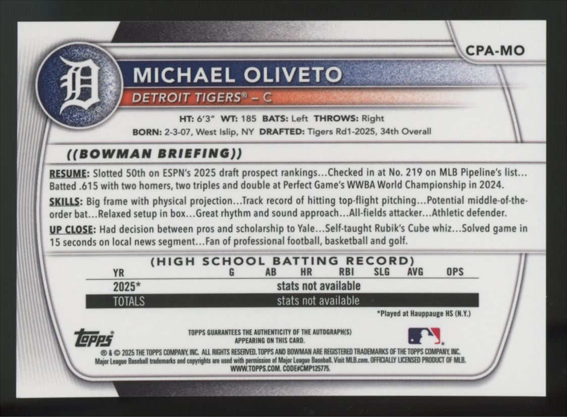 2025 Bowman Draft Michael Oliveto 1st Chrome Prospect Auto #CPA-MO