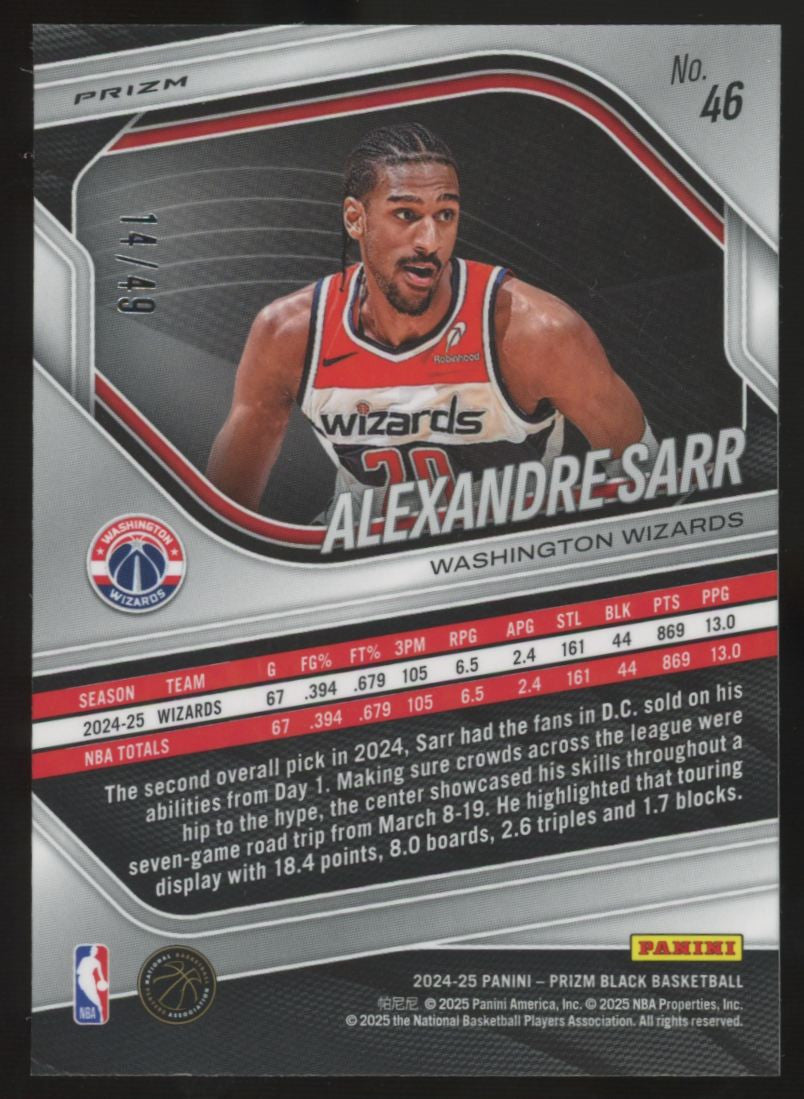 2024-25 Panini Prizm Black Alexandre Sarr RC Orange /49 #46
