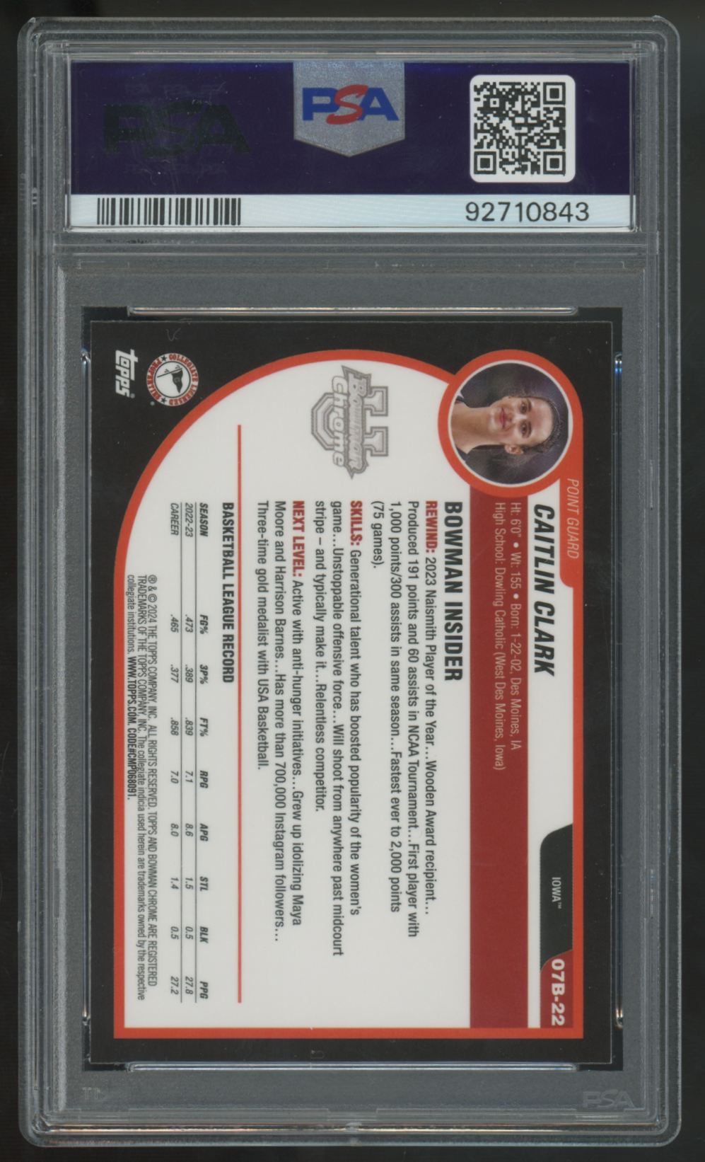 2023-24 Bowman Chrome U Caitlin Clark 07-08 Variation #07B-22 PSA 10