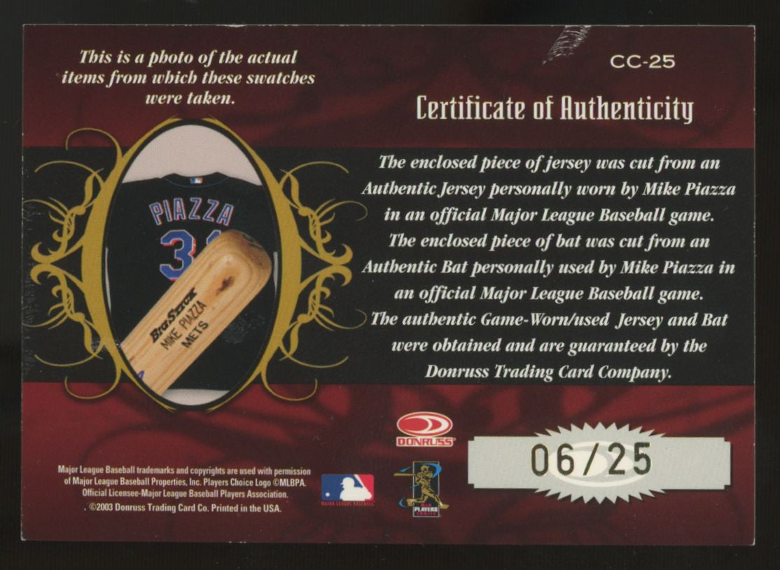 2003 Donruss Timeless Treasures Mike Piazza Classic Combos Dual Patch /25 #CC-25