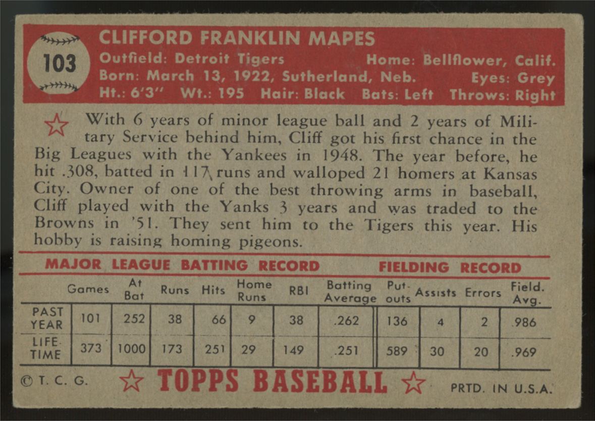 1952 Topps Cliff Mapes #103 VG/EX