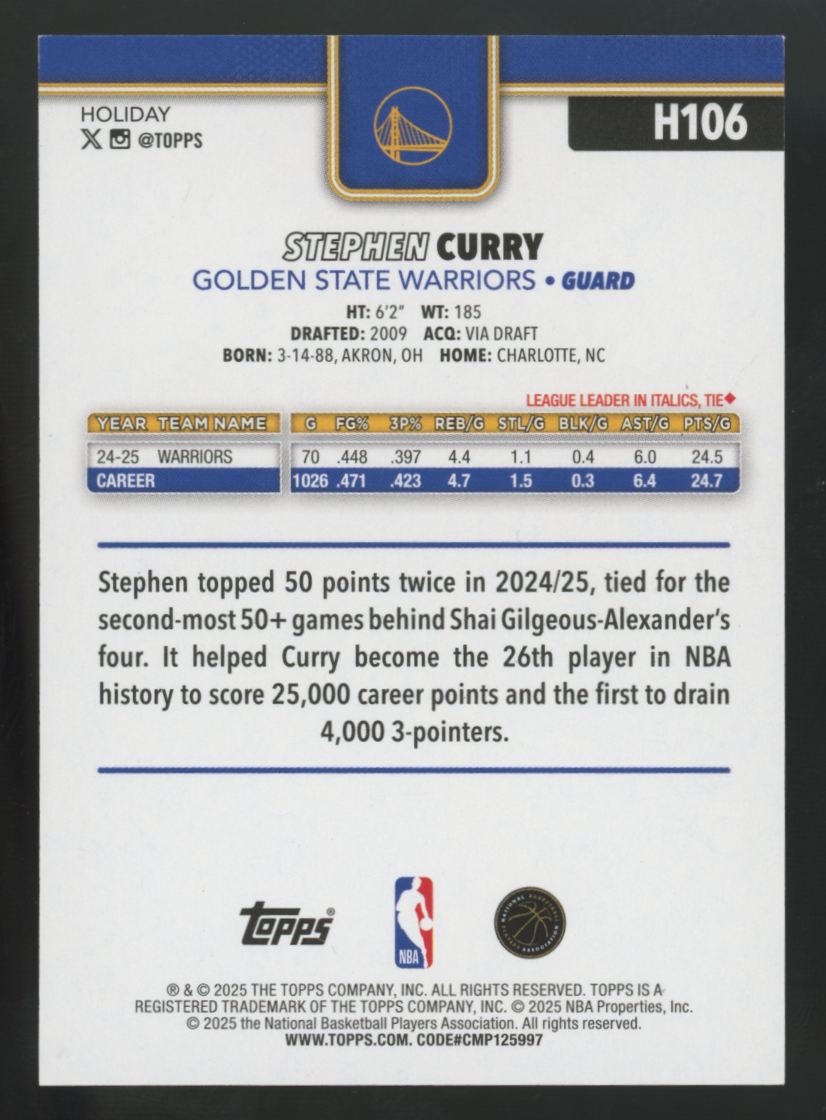 2025/26 Topps Holiday Stephen Curry Purple Glitter /99 #H106