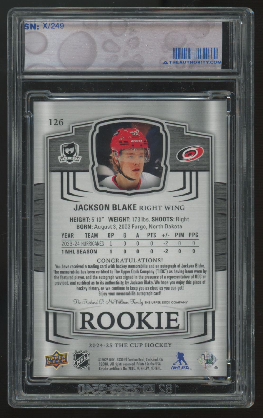 2024-25 Upper Deck The Cup Jackson Blake RC Patch Auto RPA /249 #126