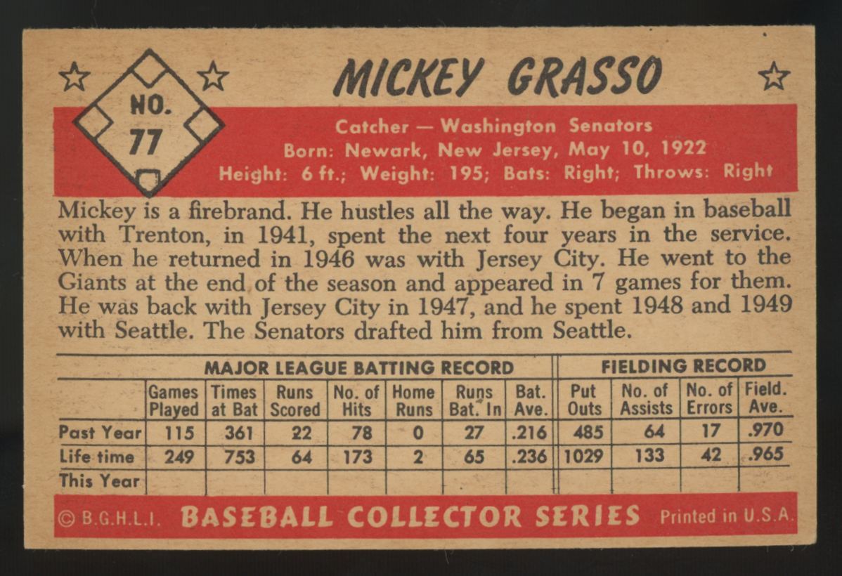 1953 Bowman Color Mickey Grasso #77 EX