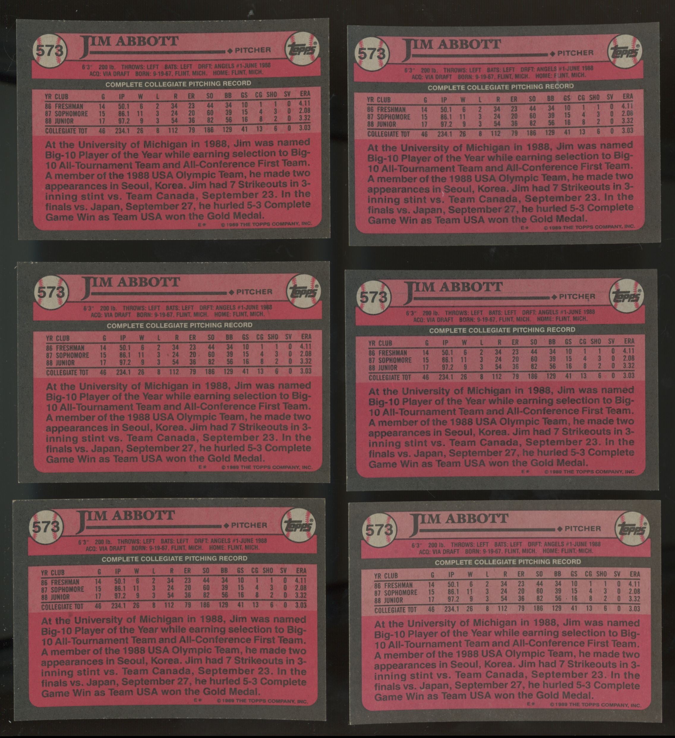 1989 Topps Jim Abbott RC #1 Draft Pick #573 (Lot Of 50)