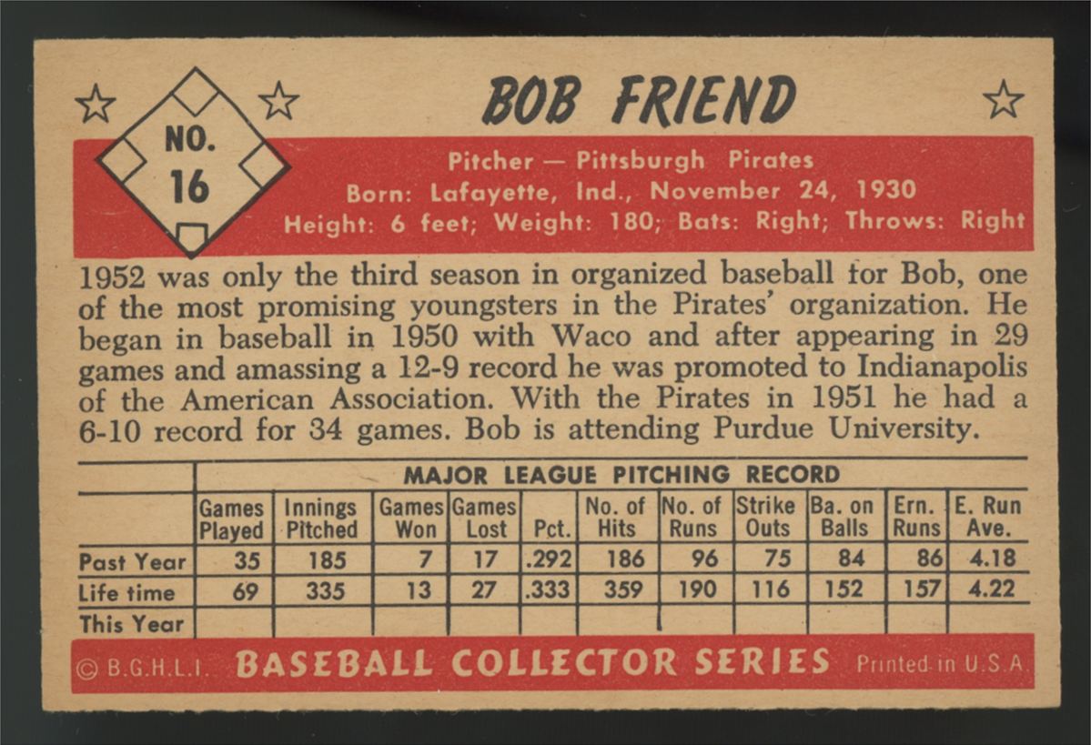 1953 Bowman Chrome Bob Friend #16 EX