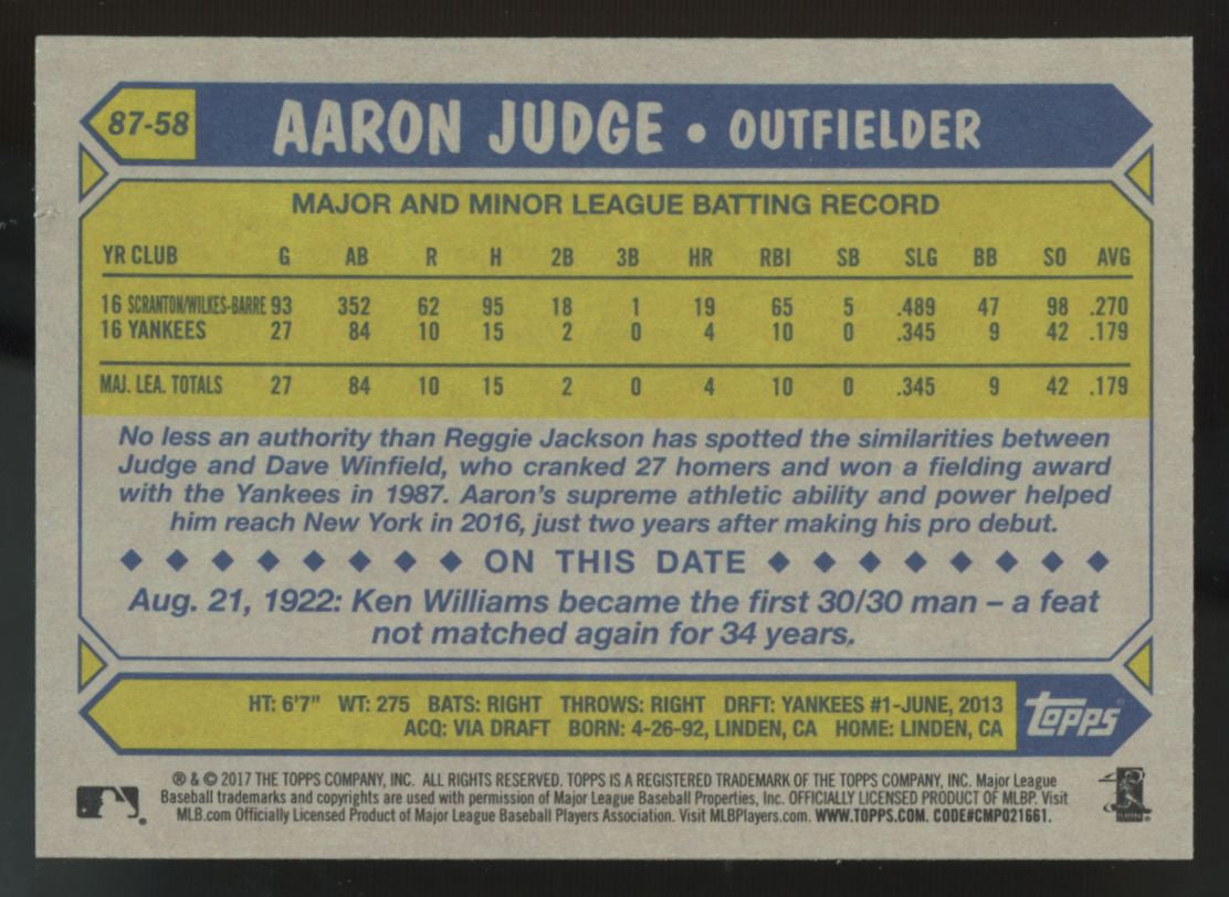 2017 Topps Series One Aaron Judge RC 1987 Variation #87-58 "A"