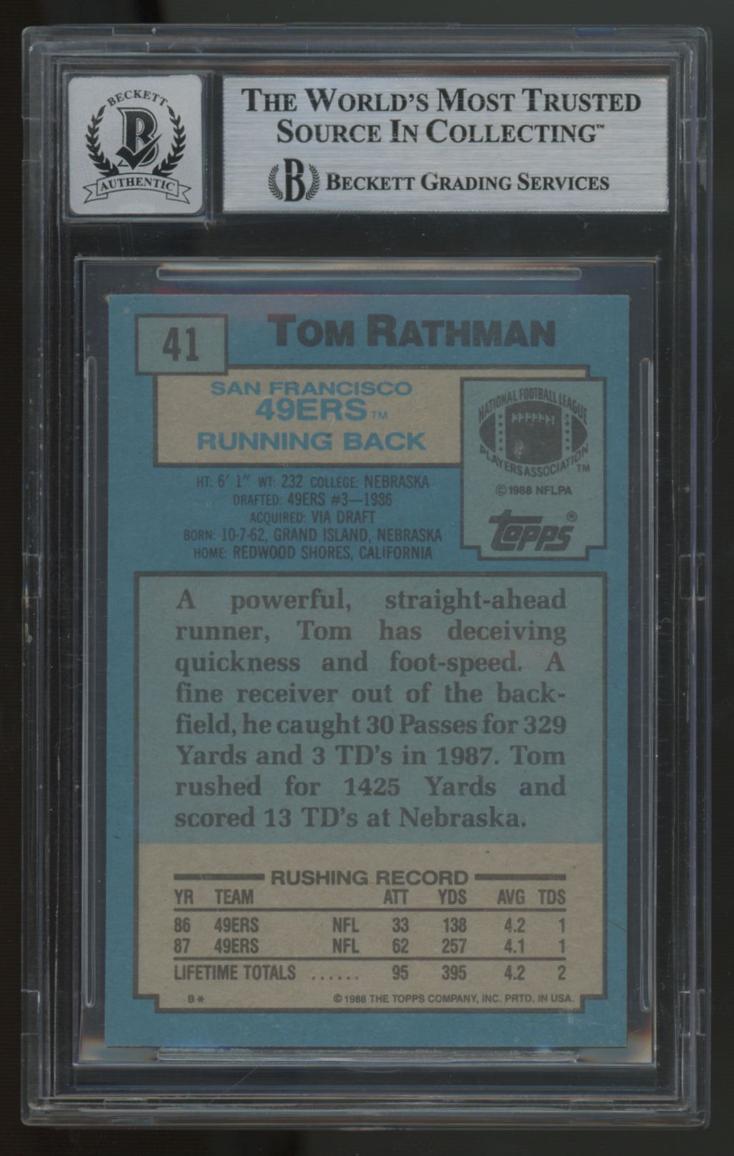 1988 Topps Tom Rathman Signed IP Autograph BGS Authentic Auto 10