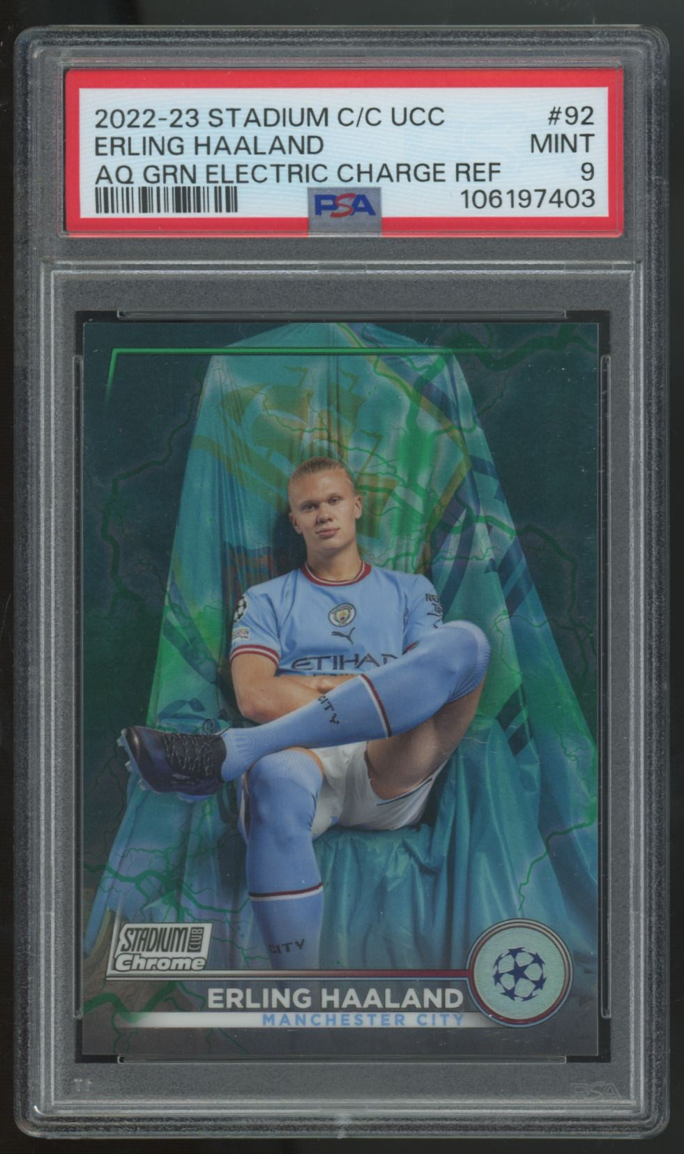 2022-23 Stadium Club Chrome UEFA Erling Haaland Aqua Green Electric /225 PSA 9