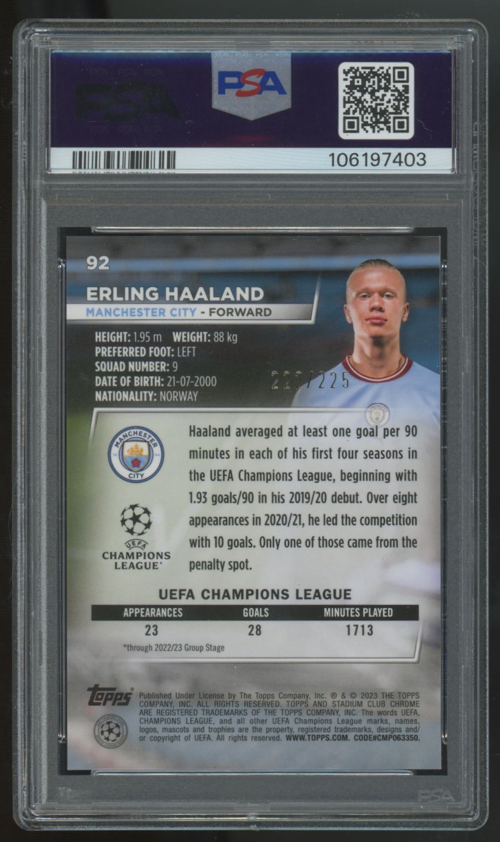 2022-23 Stadium Club Chrome UEFA Erling Haaland Aqua Green Electric /225 PSA 9