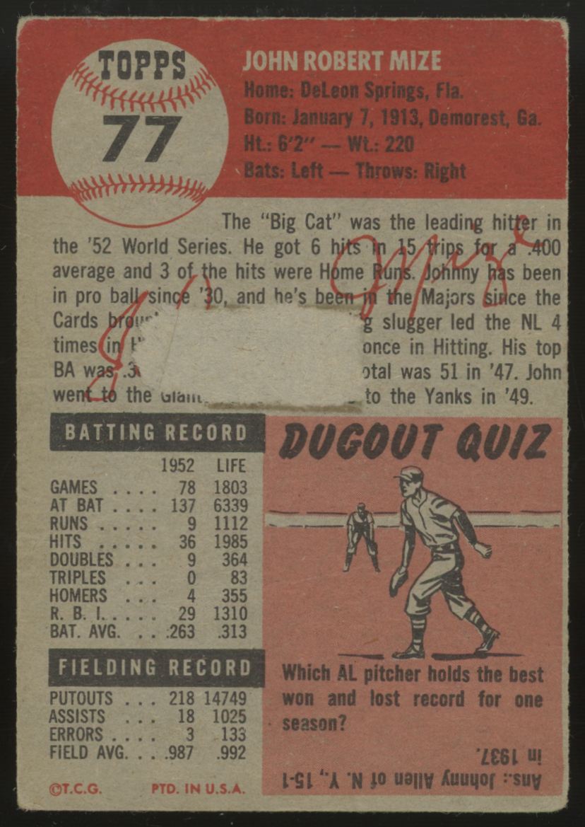 1953 Topps John Mize #77 Poor (Back)
