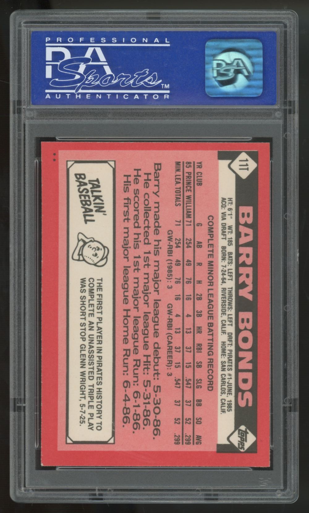 1986 Topps Traded Barry Bonds RC #11T PSA 8 *809