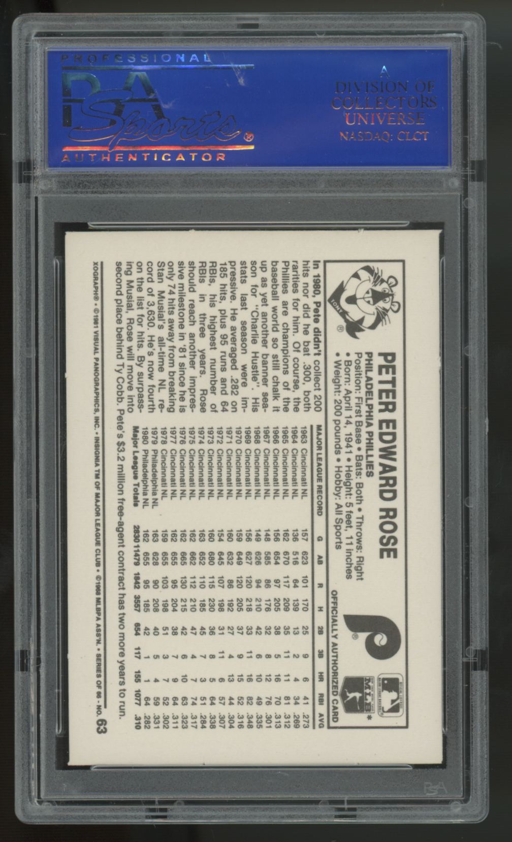 1981 Kellogg's Pete Rose 3-D Super Stars #63 PSA 8
