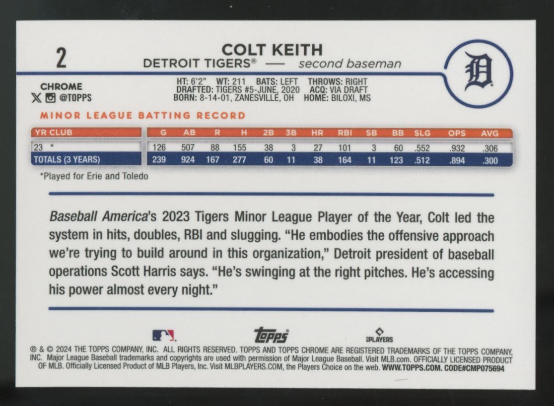 2024 Topps Chrome Colt Keith RC Gold Raywave /50 #2
