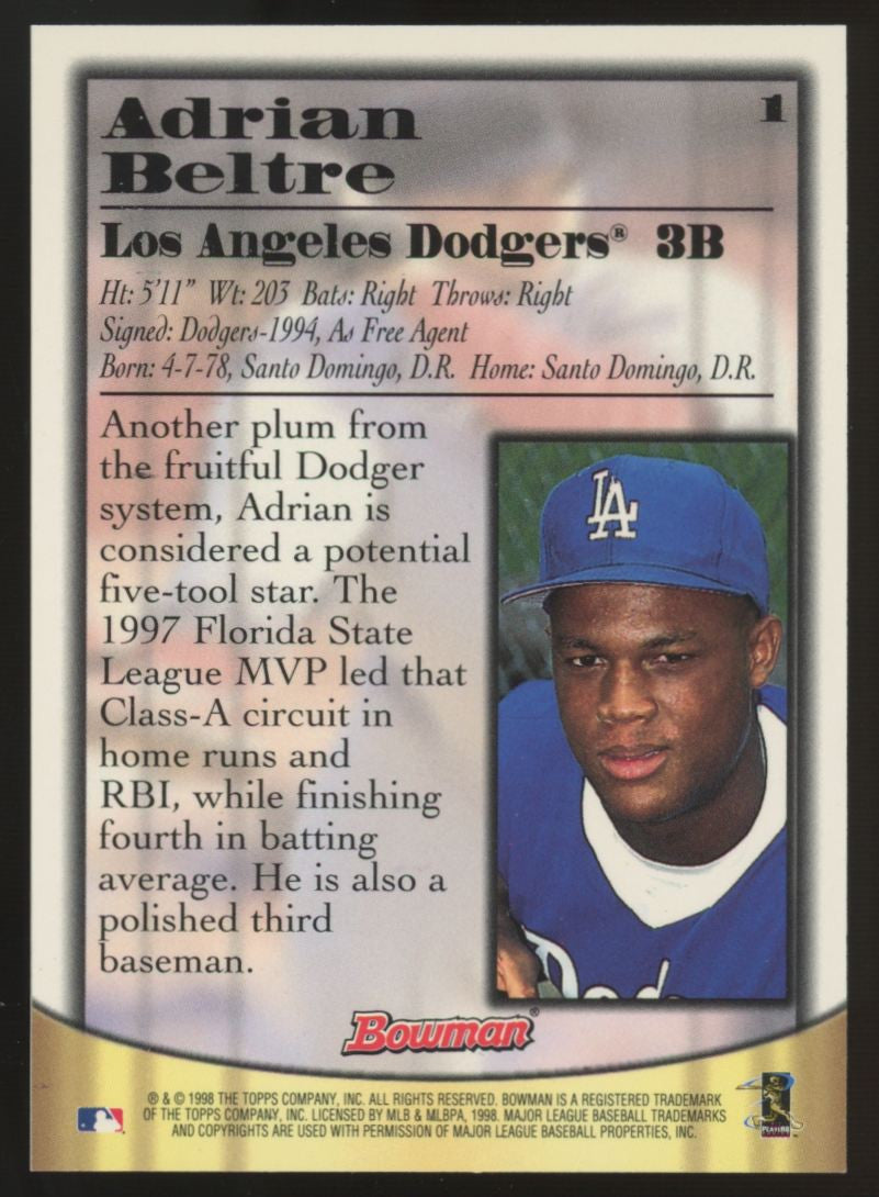 1998 Bowman Adrian Beltre RC Blue Auto #1