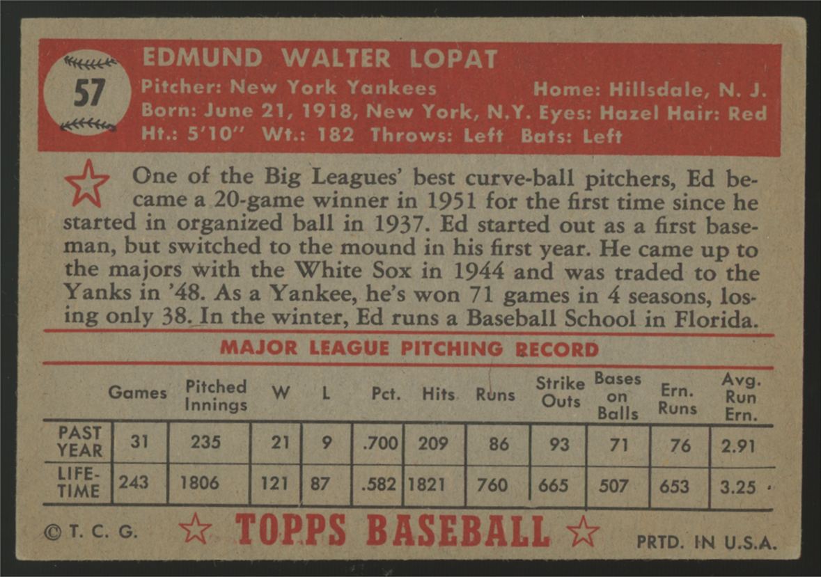 1952 Topps Ed Lopat #57 VG/EX