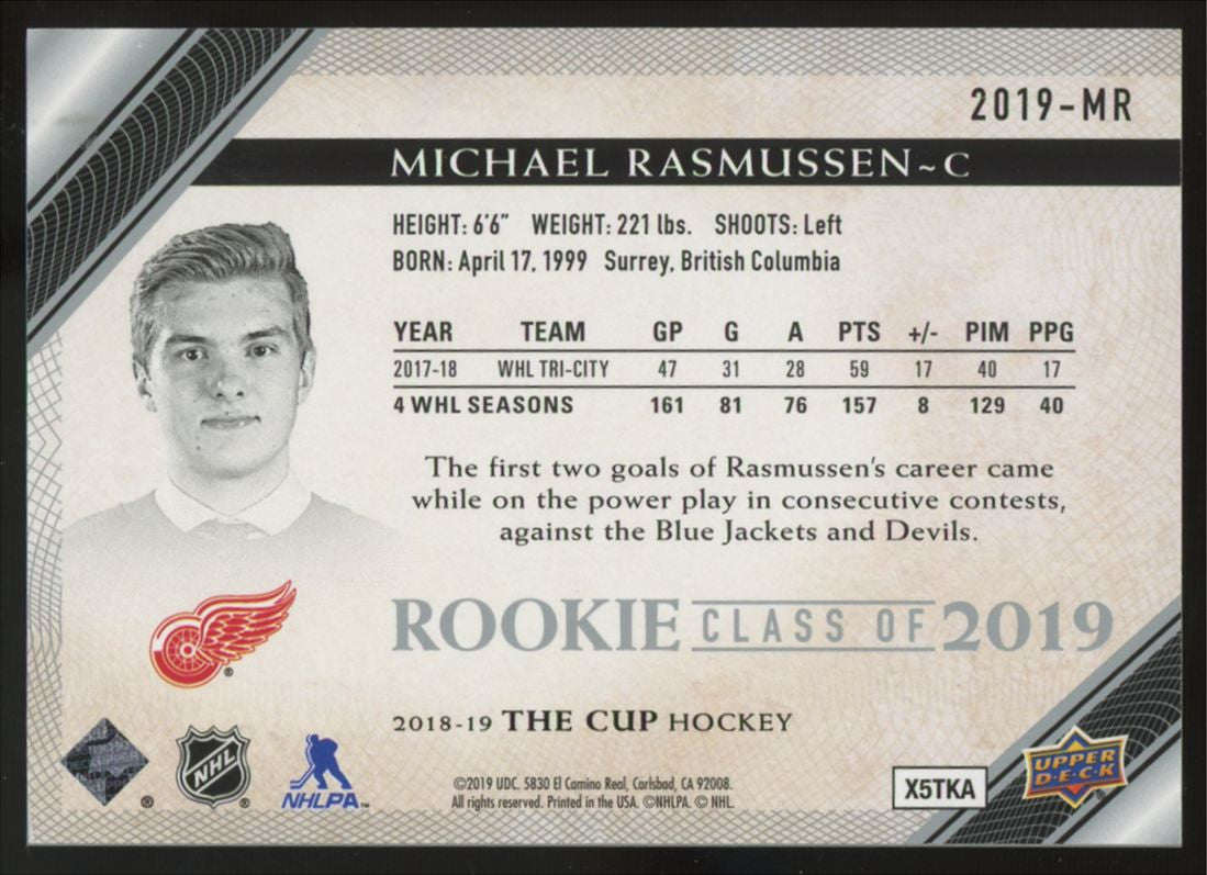 2018-19 Upper Deck The Cup Michael Rasmussen RC Draft Pick /249 #2019-MR