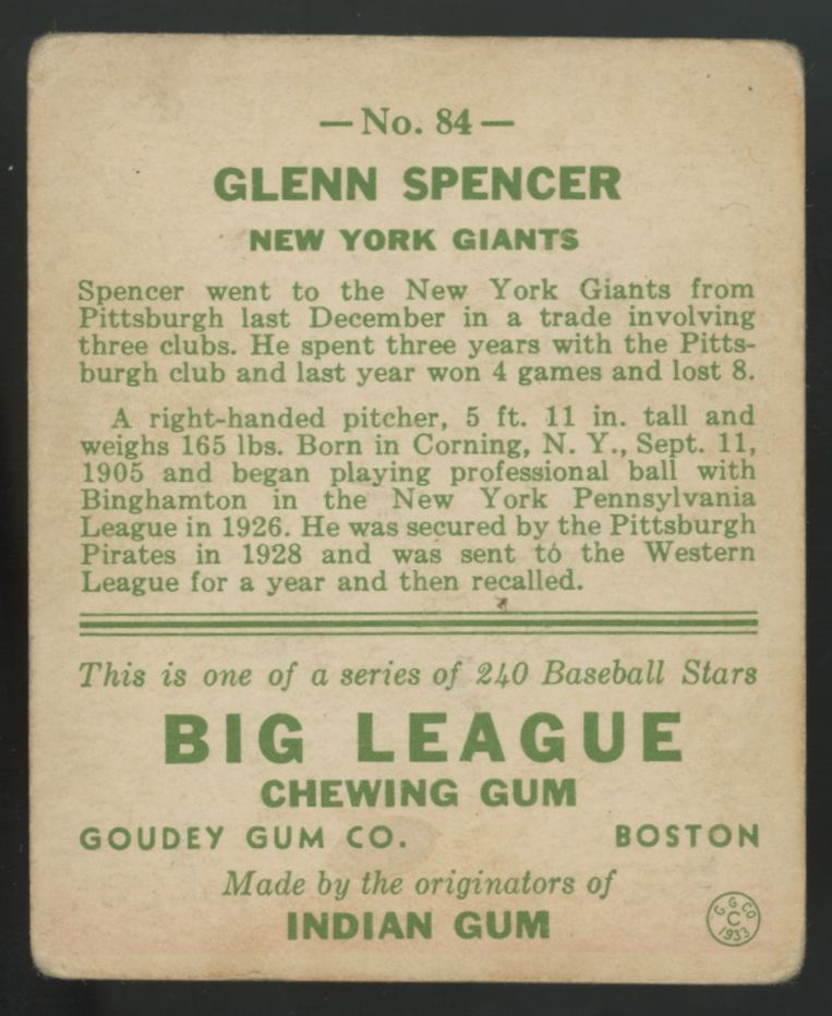 1933 Goudey Glenn Spencer Big League Gum #84 G/VG