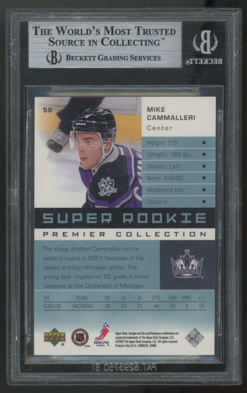 2002-03 Upper Deck Premier Mike Cammalleri RC Super Rookie /399 #56 BGS 9