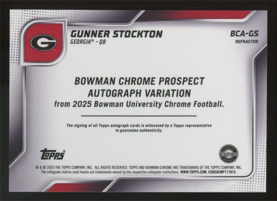 2025 Bowman Chrome U Gunner Stockton 1st Prospect Auto Refractor /299 #BCA-GS