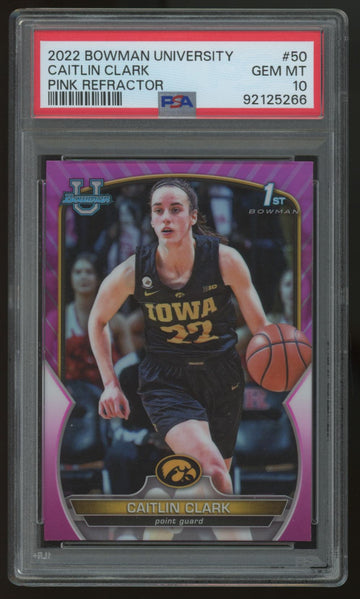 2022-23 Bowman Chrome University Caitlin Clark 1st Pink Refractor #50 PSA 10