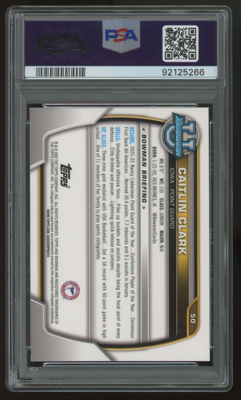 2022-23 Bowman Chrome University Caitlin Clark 1st Pink Refractor #50 PSA 10