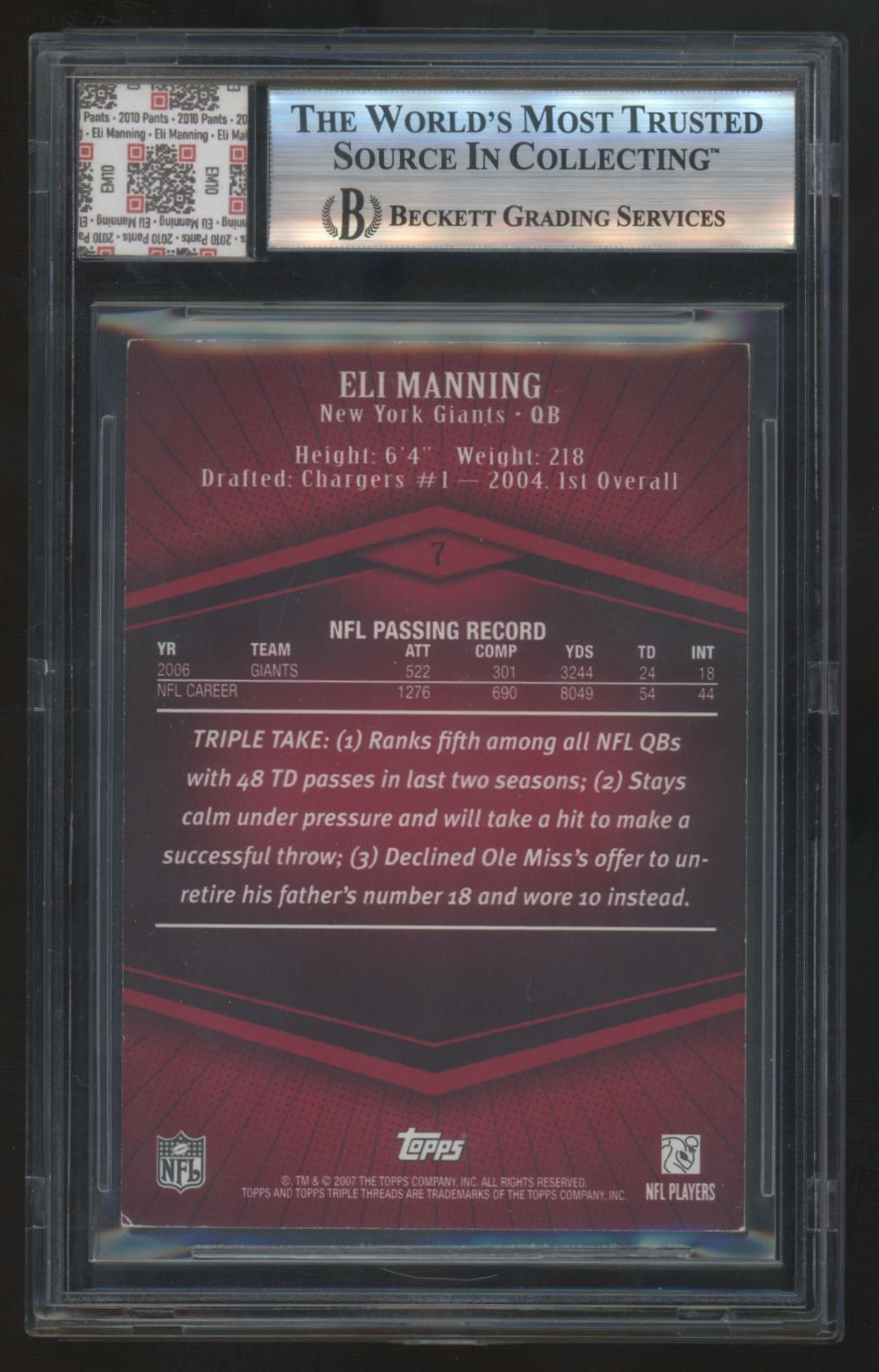 2007 Topps Triple Threads Eli Manning Jersey Fusion Patch /1449 #7 BGS Authentic