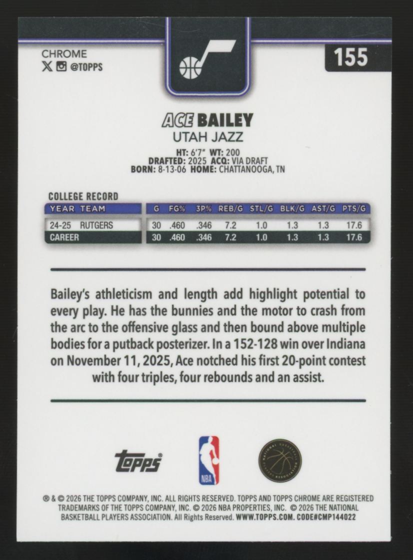 2025-26 Topps Chrome Update Sapphire Ace Bailey RC #155
