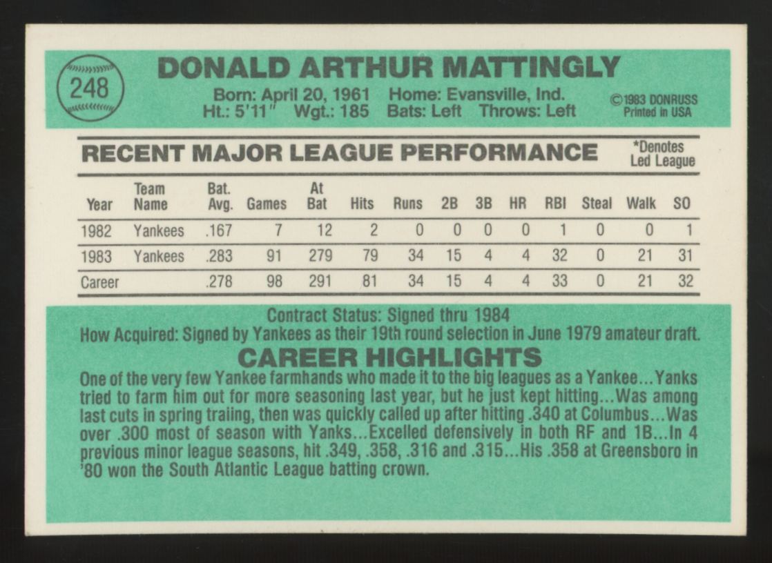 1984 Donruss Don Mattingly RC #248 NM-MT "C"