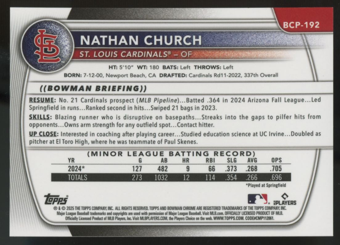 2025 Bowman Chrome Nathan Church 1st Prospect Orange Shimmer /25 #BCP-192