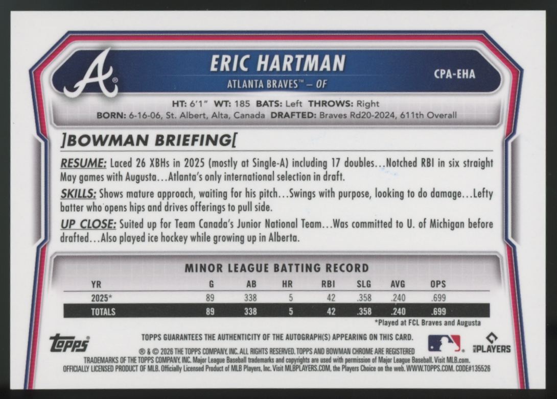 2026 Bowman Eric Hartman 1st Chrome Prospect Auto #CPA-EHA